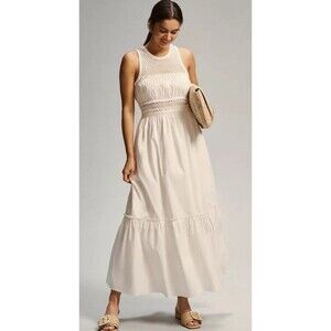 Anthropologie x Mare Mare Maxi Dress White Classic Smocked Tiered Preppy XS NWT